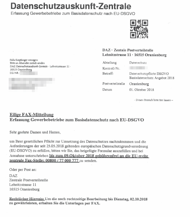 2018-10-04 Fake-Fax Datenschutzauskunft-Zentrale Anschreiben