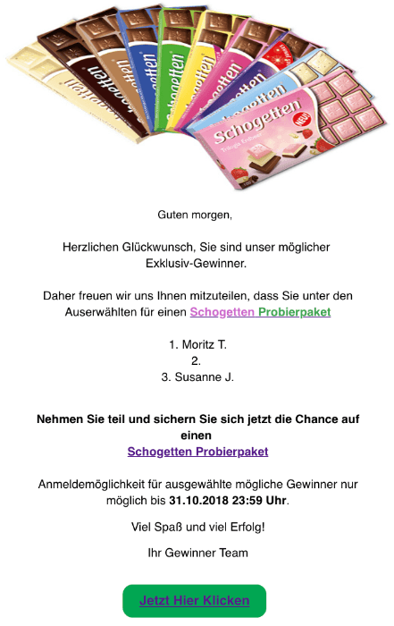 2018-10-29 Schogetten Probierpaket Spam-Mail