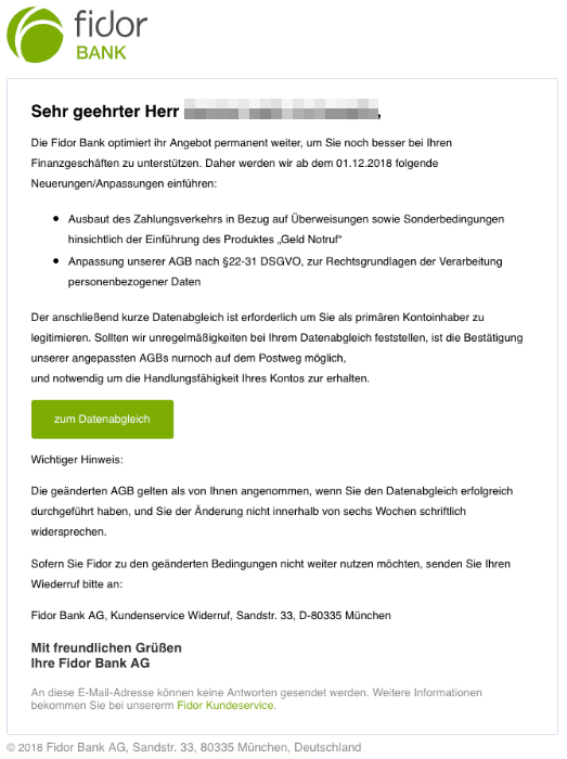 2018-11-27 Fidor Bank Spam-Mail Änderung unserer AGB