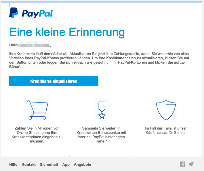 2019-03-26 PayPal Entwarnung Denken sie daran Ihre Kreditkarte zu aktualisieren