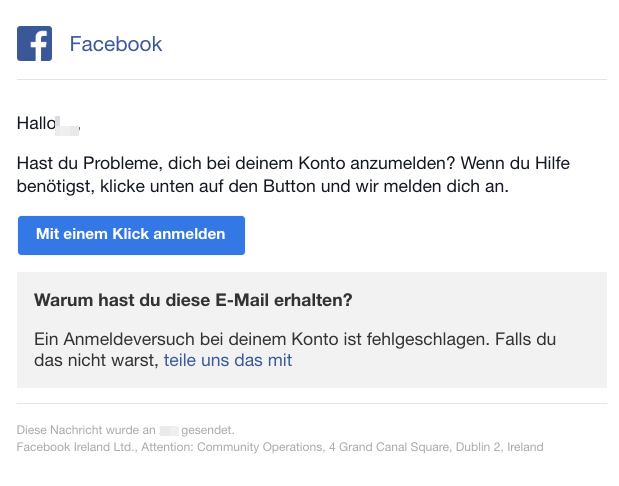 2018-11-05 Facebook Mail Sicherheitsbenachrichtigung melde dich mit nur einem Klick bei Facebook an