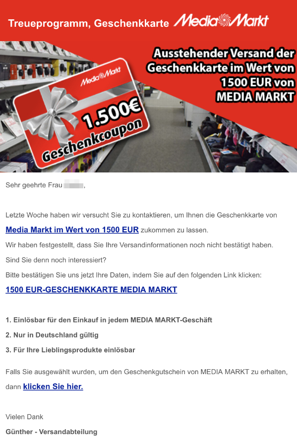 2018-11-18 Spam-Mail 1500 Euro Media Markt Geschenkkarte Ausstehende Bestätigung