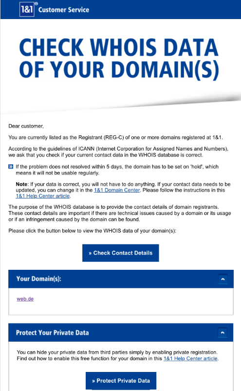 2018-11-22 1und1 Spam-Mail Faelschung Check WHOIS Data of Your Domain