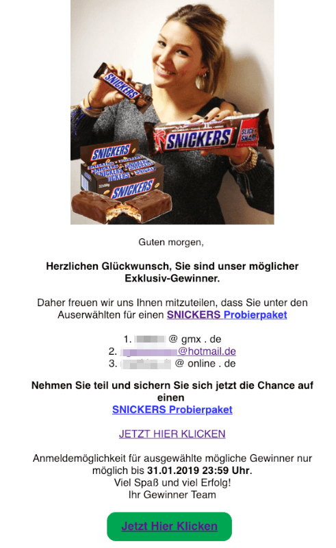 2019-01-15 Spam Mail Snickers Probierpaket