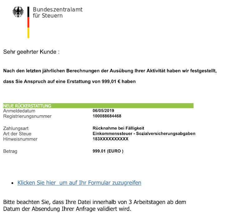 2019-05-07 Fake-Mail Bundeszentralamt fuer Steuern Sie haben eine Rueckerstattung erhalten