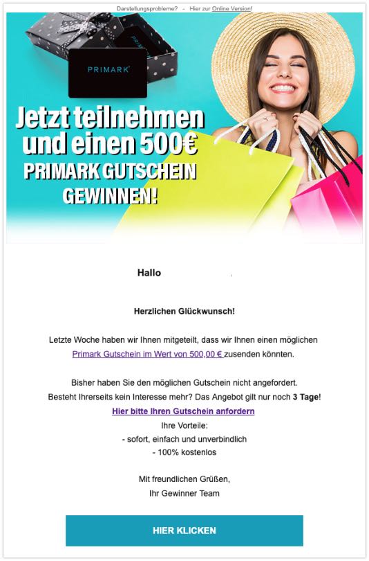 2019-07-10 Spam-Mail 500 Euro Primark Gutchein