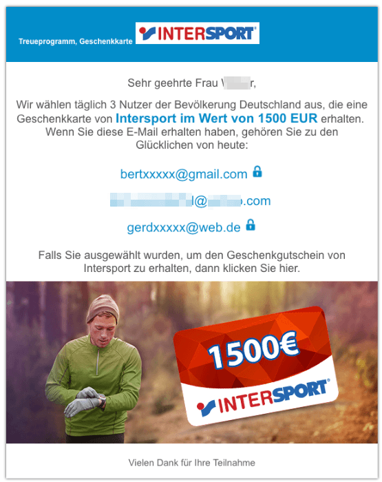 2018-12-05 InterSport Geschenkkarte 1500 Euro E-Mail Spam