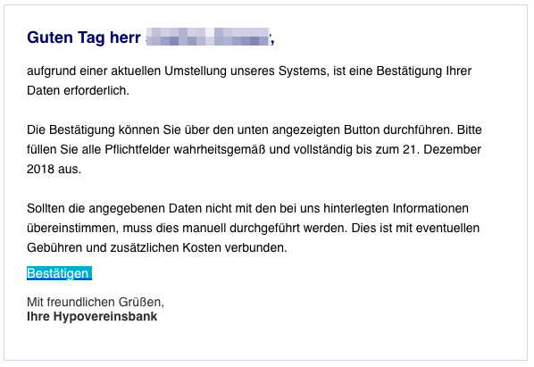 2018-12-13 Hypovereinsbank Spam-Mail Neue Mitteilung von Ihrer HypoVereinsbank