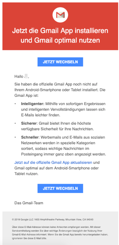 2018-12-21 E-Mail von Google Sie haben die offizielle Gmail App noch nicht installiert