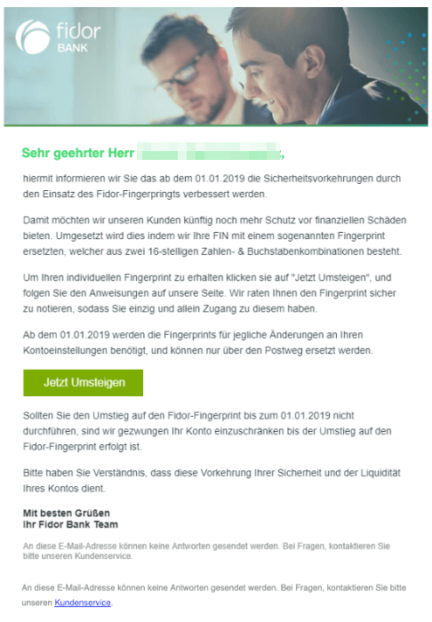 2018-12-28 Fidor Bank Spam Mails Neue Sicherheitsvorkehrungen