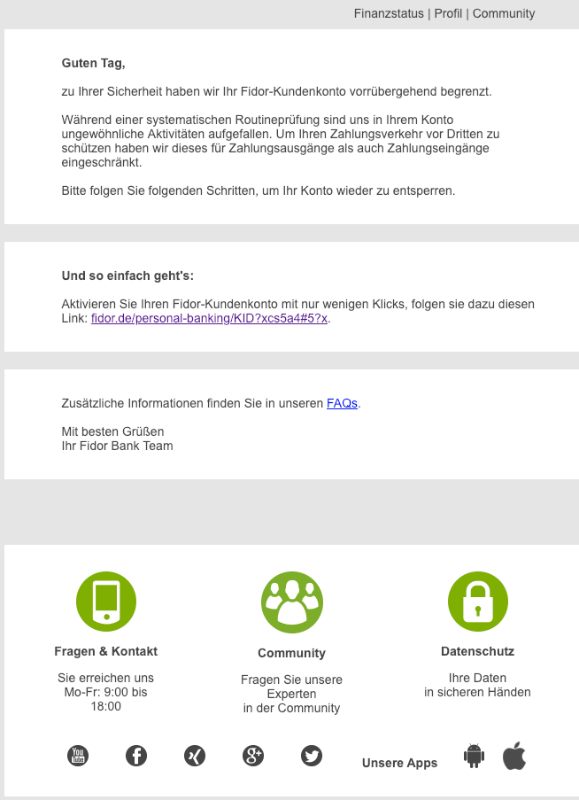 2019-01-15 Fidor-Bank Spam Phishing Mail Ihr Fidor-Kundenkonto wurde vorrübergehend begrenzt