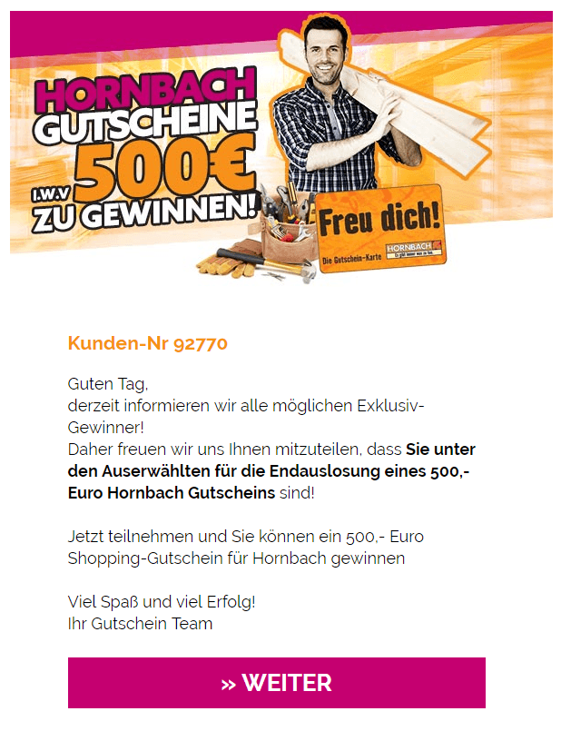 2019-06-06 E-Mail Fake Spam 500 Euro Gutschein Hornbach