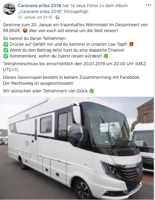 2019-01-17 Facebook Fake-Gewinnspiel Caravane eriba 2018 Wohnmobil