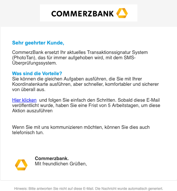 Commerzbank Phishing E Mail Dringende Mitteilung Vorsicht