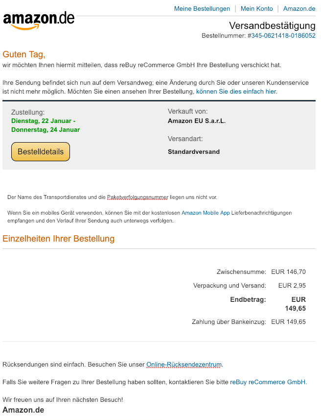 2019-01-21 Amazon Spam-Mail Bestellung Bestätigung Versand