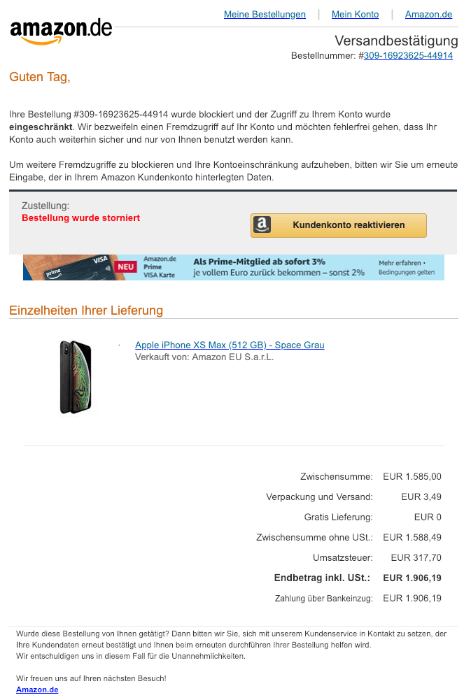 2019-02-11 Amazon Versandbestaetigung Spam Mail