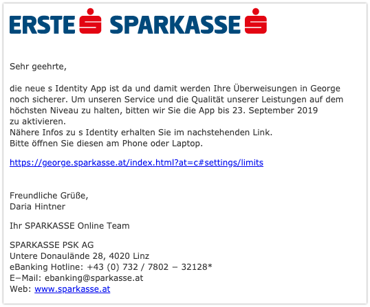 2019-09-27 Erste Sparkasse Österreich Spam-Mail