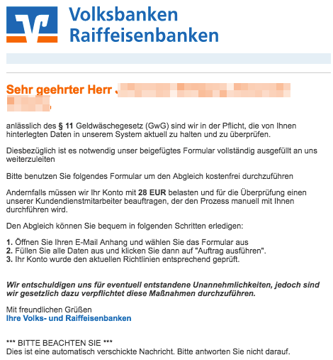 2019-02-13 Volksbank Fake-Mail Spam Geldwaesche Informationen zu Ihrem Bankkonto