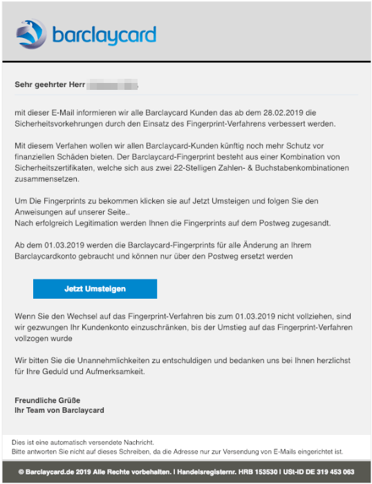 Barclaycard Phishing Per Spam Mail Sollen Daten Gestohlen Werden