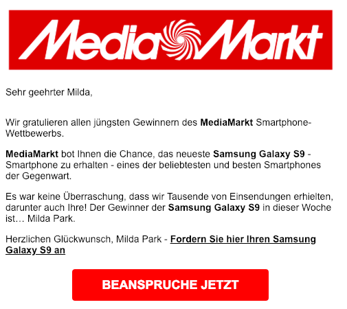 2019-02-22 Media Markt Wettbewerb Fake-Mail Spam Samsung Galaxy S9