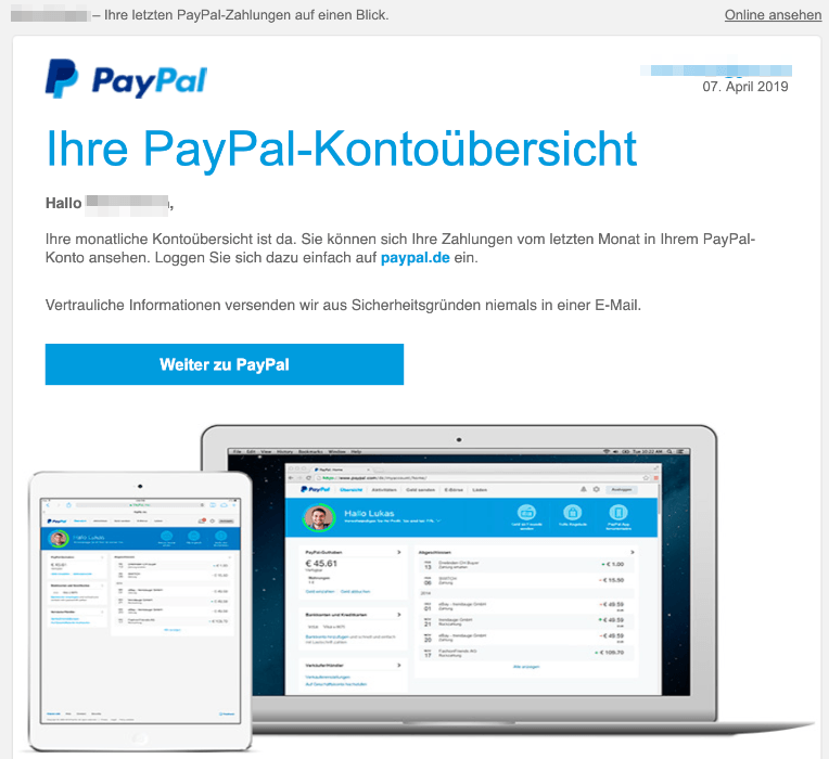 2019-04-07 PayPal-Mail Ihre monatliche Kontouebersicht ist da