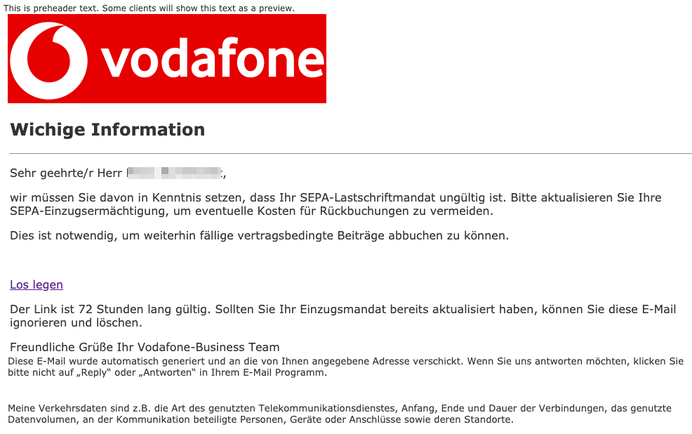 2019-05-24 Vodafone Fake-Mail Spam Bitte erneuern Sie Ihre Einzugsermächtigung