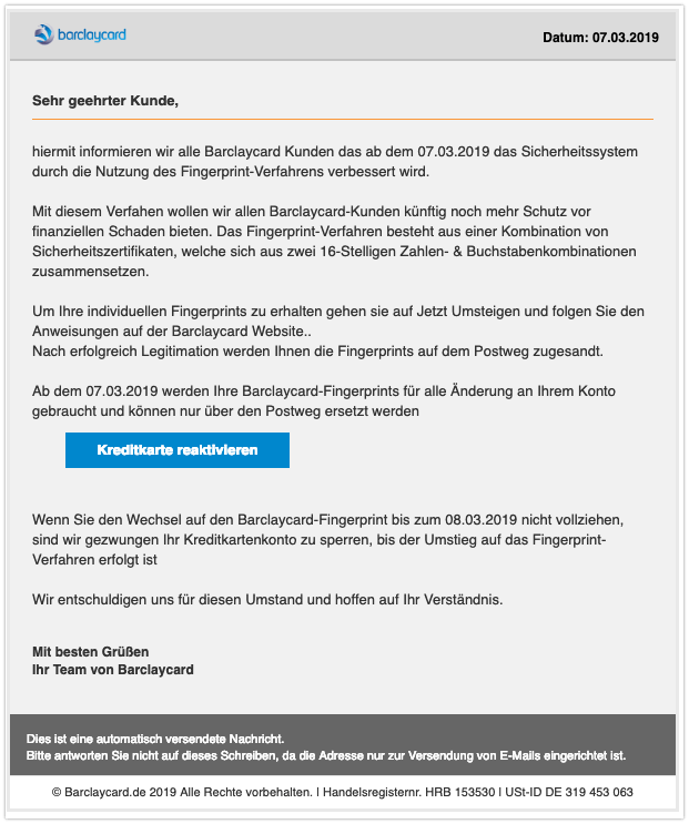 Barclaycard Phishing Per Spam Mail Sollen Daten Gestohlen Werden