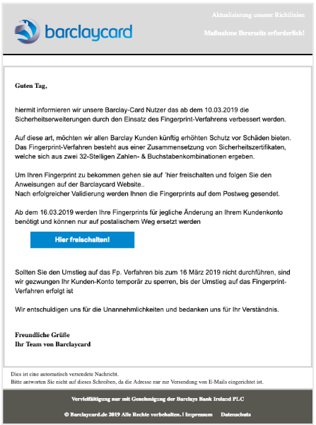Barclaycard Phishing Per Spam Mail Sollen Daten Gestohlen Werden
