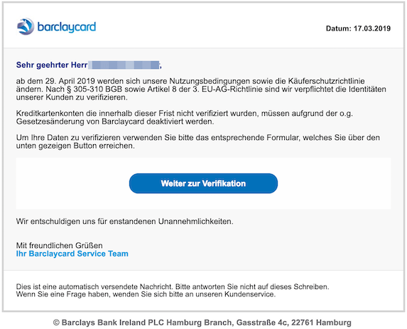 Barclaycard Phishing Per Spam Mail Sollen Daten Gestohlen Werden
