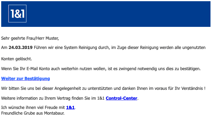 2019-03-25 1und1 Spam Mail Ihr Konto wurde deaktiviert