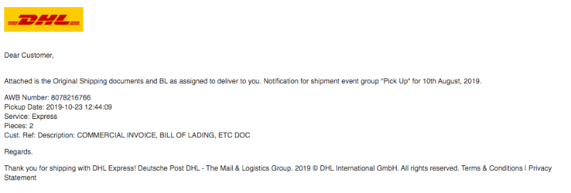 2019-11-12 DHL Spam Mail Shipping documents