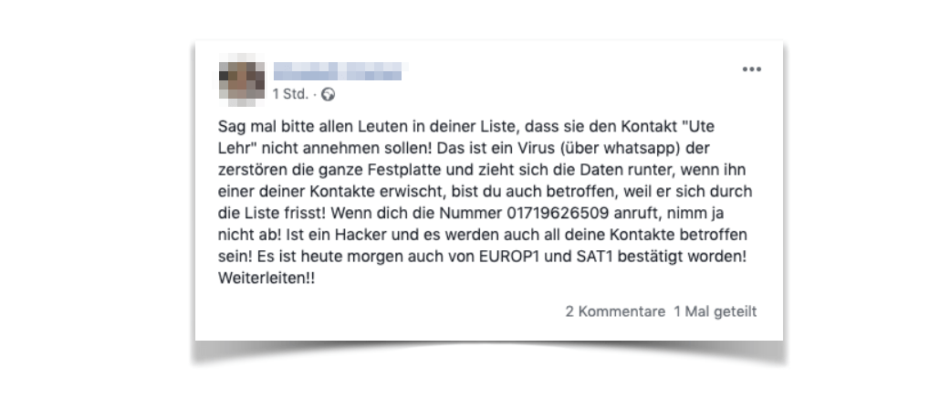 2019-04-25 Facebook Warnung vor Ute Lehr Fake Meldung