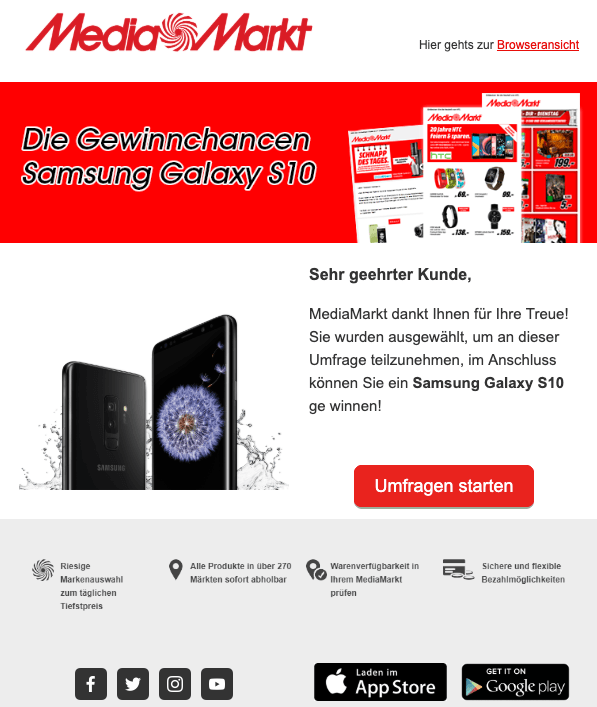 2019-04-27 MediaMarkt Fake-Mail Samsung Galaxy S10 Gewinn