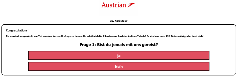 2019-04-30 Gefaelschte Websiete von Austrian Airlines mit Umfrage