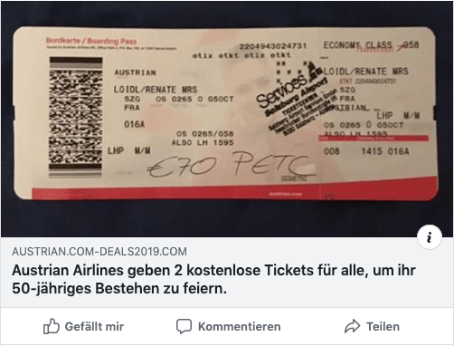 2019-04-30 Post auf Facebook zu Gratis-Tickets von Austrian Airlines