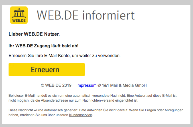 2019-08-09 web-de Phishing-Mail Erneuern Sie Ihre E-Mail-Konto