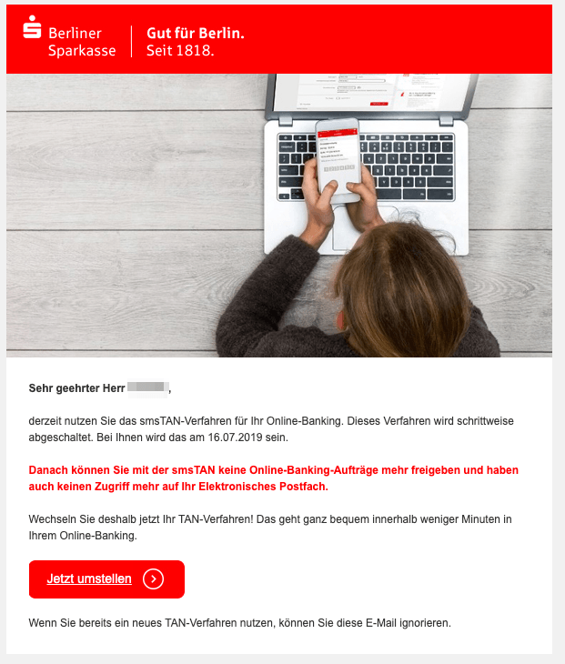 2019-05-15 E-Mail Berliner Sparkasse smsTAN-Verfahren abgeschaltet