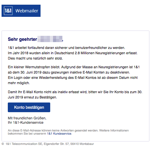 2019-06-23 1und1 Spam-Mail Phishing Ihr E-Mail Konto wird in Kürze Deaktiviert