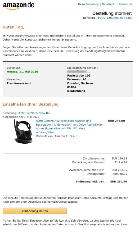 2020-05-11 Amazon Fake-Mail Ihre Amazоn.de Bestellung – Massnahme erforderlich