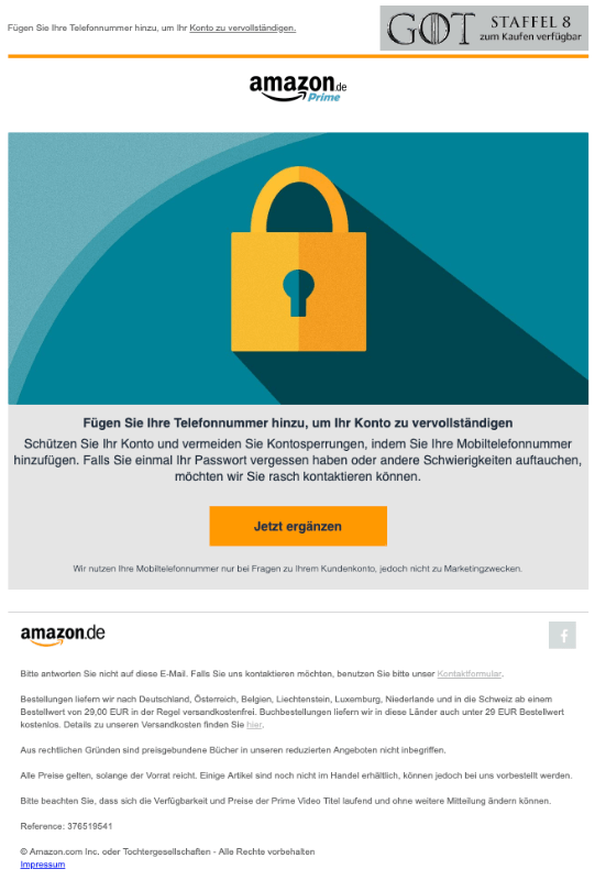 Amazon E-Mail Fügen Sie Ihre Telefonnummer hinzu um Ihr Konto zu vervollständigen