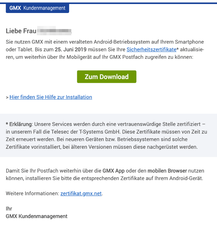 2019-06-04 E-Mail GMX Ihr Betriebssystem ist veraltet