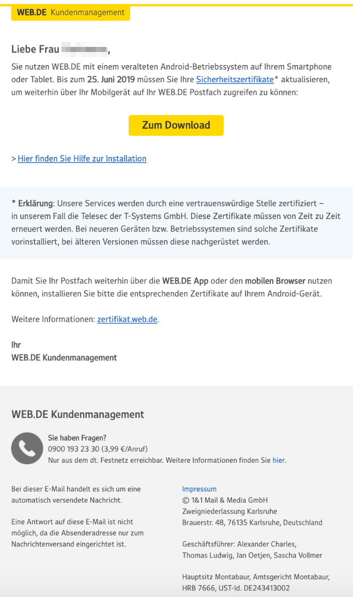 2019-06-04 web-de E-Mail Ihr Betriebssystem ist veraltet