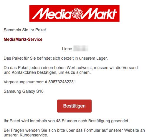 2019-06-13 Media Markt Fake-Mail Abofalle Paket wird in unserem Lager vorbereitet