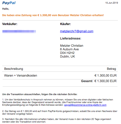 2019-06-16 PayPal Fake-Mail Betrug eBay Kleinanzeigen