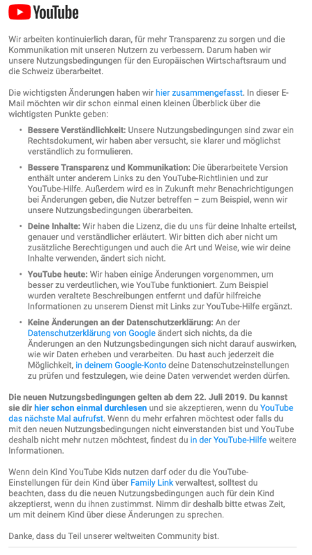 2019-06-20 E-Mail YouTube neue Nutzungsbedingungen