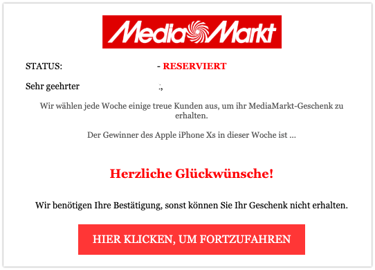 2019-09-04 MediaMarkt Spam-Mail Gewinn Apple iPhone XS