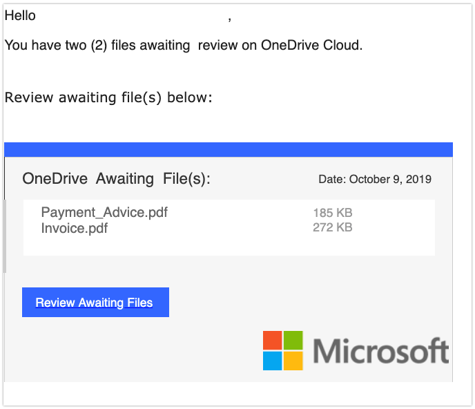 2019-10-09 Microsoft Onedrive Spam-Mail A User sent you 2 files using OneDrive