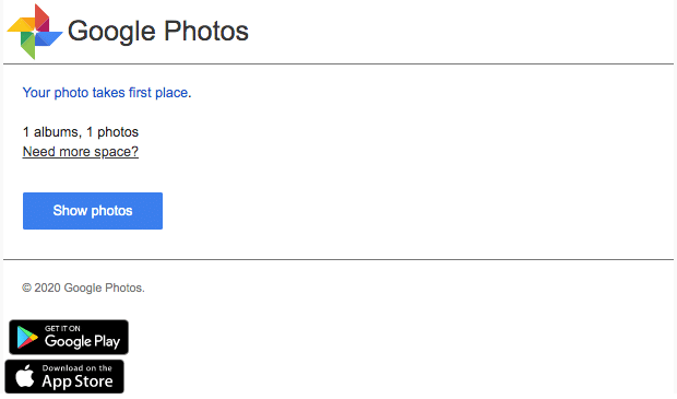 2020-05-03 Google Photos Spam Fake-Mail Your photo takes first place