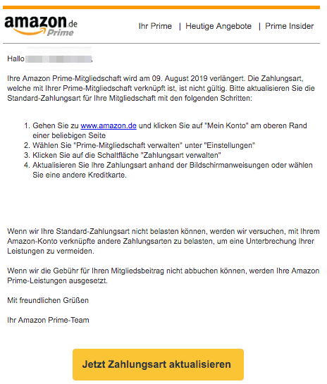 2019-07-15 Amazon E-Mail Ihre angegebene Zahlungsart ist ungueltig