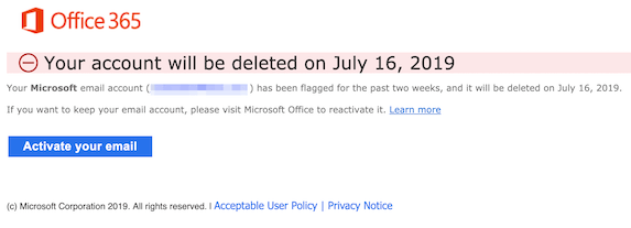 2019-07-15 Phishing Microsoft Your Microsoft Office email account will be deleted